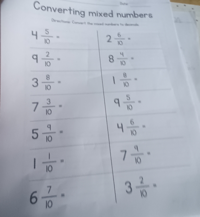 Converting mixed numbers
Directions