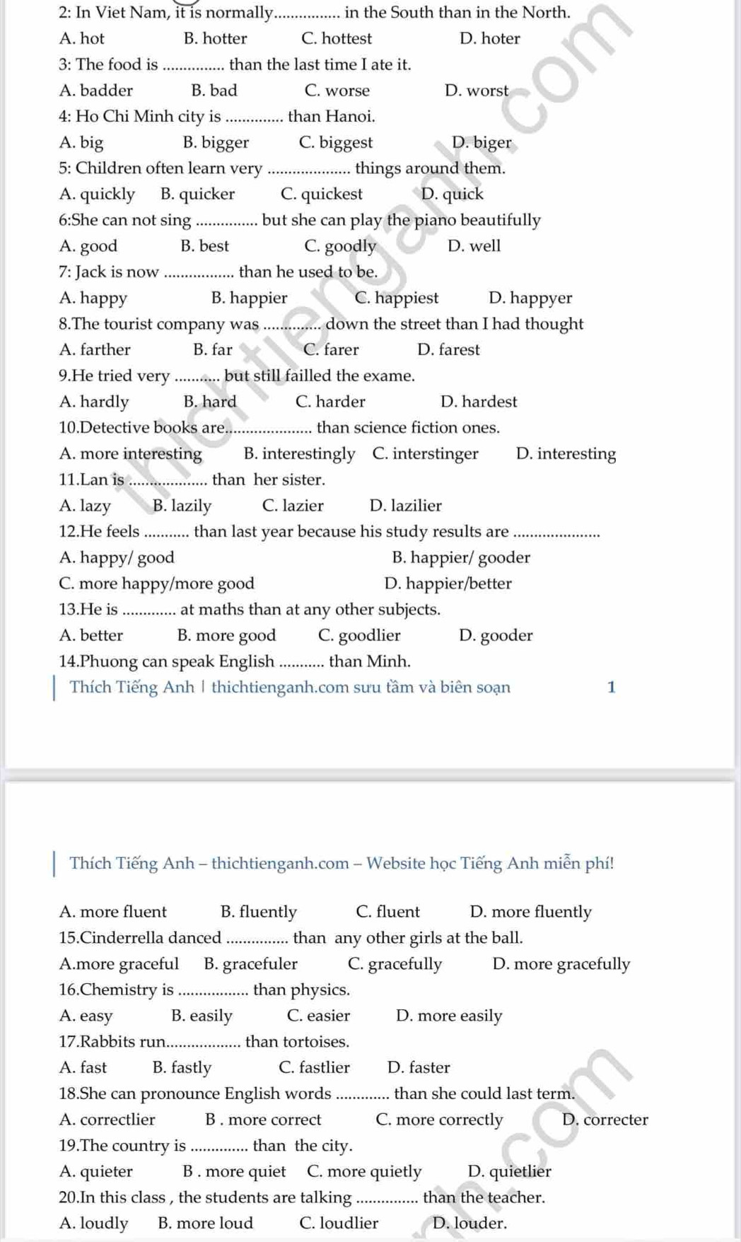 2: In Viet Nam, it is normally _in the South than in the North.
A. hot B. hotter C. hottest D. hoter
3: The food is_  than the last time I ate it.
A. badder B. bad C. worse D. worst
4: Ho Chi Minh city is_ than Hanoi.
A. big B. bigger C. biggest D. biger
5: Children often learn very _things around them.
A. quickly B. quicker C. quickest D. quick
6:She can not sing _but she can play the piano beautifully
A. good B. best C. goodly D. well
7: Jack is now _than he used to be.
A. happy B. happier C. happiest D. happyer
8.The tourist company was ............... down the street than I had thought
A. farther B. far C. farer D. farest
9.He tried very ........... but still failled the exame.
A. hardly B. hard C. harder D. hardest
10.Detective books are._ than science fiction ones.
A. more interesting B. interestingly C. interstinger D. interesting
11.Lan is_ than her sister.
A. lazy B. lazily C. lazier D. lazilier
12.He feels _than last year because his study results are_
A. happy/ good B. happier/ gooder
C. more happy/more good D. happier/better
13.He is _at maths than at any other subjects.
A. better B. more good C. goodlier D. gooder
14.Phuong can speak English_ than Minh.
Thích Tiếng Anh | thichtienganh.com sưu tầm và biên soạn 1
Thích Tiếng Anh - thichtienganh.com - Website học Tiếng Anh miễn phí!
A. more fluent B. fluently C. fluent D. more fluently
15.Cinderrella danced _than any other girls at the ball.
A.more graceful B. gracefuler C. gracefully D. more gracefully
16.Chemistry is _than physics.
A. easy B. easily C. easier D. more easily
17.Rabbits run._ than tortoises.
A. fast B. fastly C. fastlier D. faster
18.She can pronounce English words _. than she could last term.
A. correctlier B . more correct C. more correctly D. correcter
19.The country is_ than the city.
A. quieter B . more quiet C. more quietly D. quietlier
20.In this class , the students are talking_ than the teacher.
A. loudly B. more loud C. loudlier D. louder.