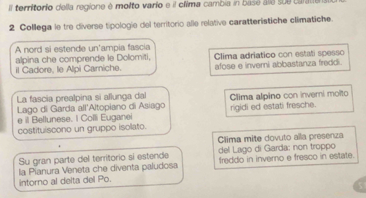 Il territorio della regione è molto vario e il clima cambia in basé alle sue caraller
2 Collega le tre diverse tipologie del territorio alle relative caratteristiche climatiche.
A nord si estende un'ampia fascia
alpina che comprende le Dolomiti, Clima adriatico con estati spesso
il Cadore, le Alpi Carniche. afose e inverni abbastanza freddi.
La fascia prealpina si allunga dal Clima alpino con inverni molto
Lago di Garda all'Altopiano di Asiago rigidi ed estati fresche.
e il Bellunese. I Colli Euganei
costituiscono un gruppo isolato.
Clima mite dovuto alla presenza
Su gran parte del territorio si estende del Lago di Garda: non troppo
la Pianura Veneta che diventa paludosa freddo in inverno e fresco in estate.
intorno al delta del Po.
5