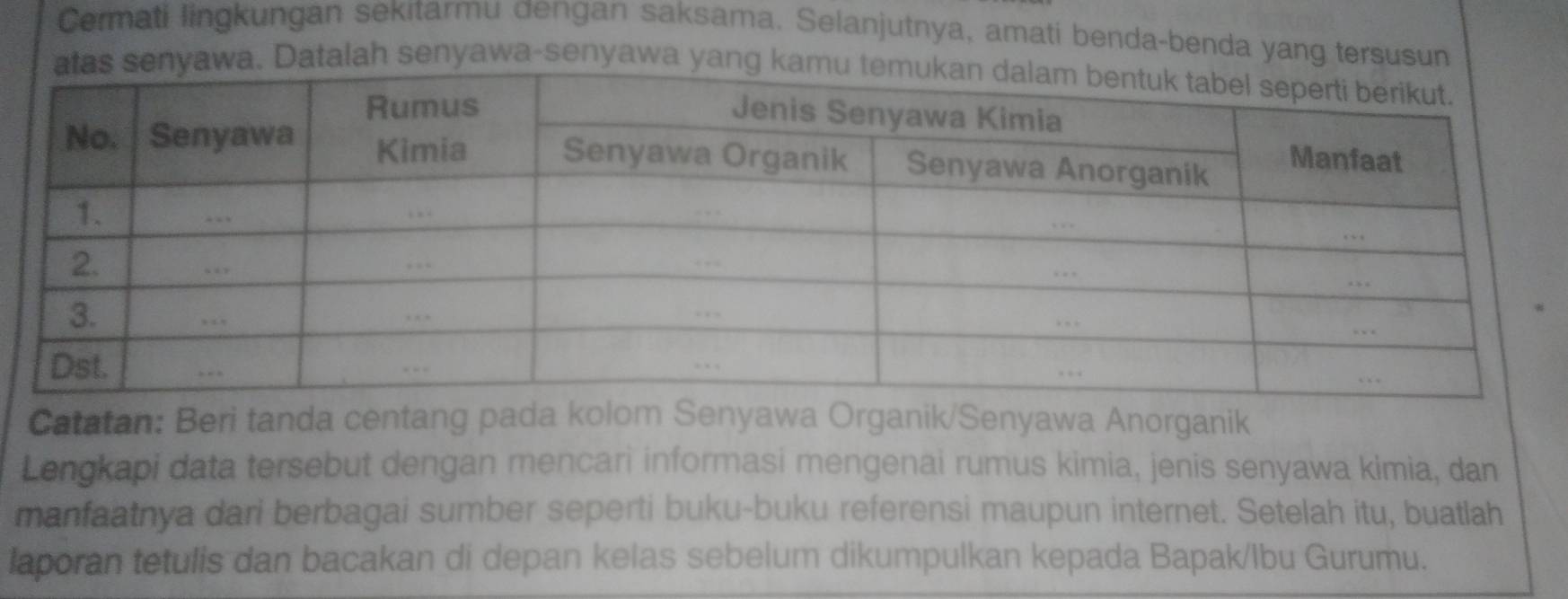 Cermati lingkungan sekitarmu dengan saksama. Selanjutnya, amati benda-benda yang tersusun 
awa. Datalah senyawa-senyawa yang 
Catatan: Beri tanda centang pada kolom Senyawa Organik/Senyawa Anorganik 
Lengkapi data tersebut dengan mencari informasi mengenai rumus kimia, jenis senyawa kimia, dan 
manfaatnya dari berbagai sumber seperti buku-buku referensi maupun internet. Setelah itu, buatlah 
laporan tetulis dan bacakan di depan kelas sebelum dikumpulkan kepada Bapak/Ibu Gurumu.