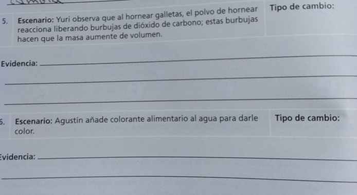 Escenario: Yuri observa que al hornear galletas, el polvo de hornear Tipo de cambio: 
reacciona liberando burbujas de dióxido de carbono; estas burbujas 
hacen que la masa aumente de volumen. 
Evidencia: 
_ 
_ 
_ 
6. Escenario: Agustín añade colorante alimentario al agua para darle Tipo de cambio: 
color. 
Evidencia:_ 
_