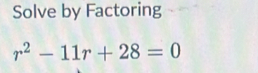 Solve by Factoring
r^2-11r+28=0