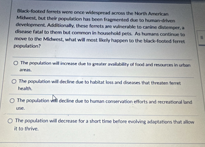 Black-footed ferrets were once widespread across the North American
Midwest, but their population has been fragmented due to human-driven
development. Additionally, these ferrets are vulnerable to canine distemper, a
disease fatal to them but common in household pets. As humans continue to
move to the Midwest, what will most likely happen to the black-footed ferret
population?
The population will increase due to greater availability of food and resources in urban
areas.
The population will decline due to habitat loss and diseases that threaten ferret
health.
The population will decline due to human conservation efforts and recreational land
use.
The population will decrease for a short time before evolving adaptations that allow
it to thrive.