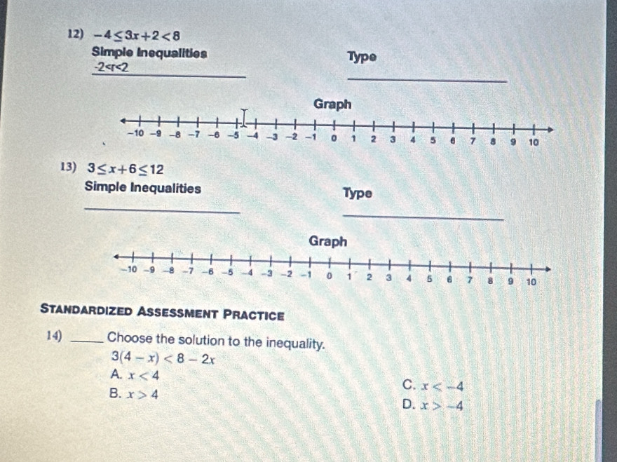 -4≤ 3x+2<8</tex> 
Simple Inequalities Type
_
-2
13) 3≤ x+6≤ 12
_
Simple Inequalities Type
_
Graph
-10 -9 -8 -7 -8 -5 -4 -3 -2 -1 0 1 2 3 4 5 6 7 8 9 10
Standardized Aseßment Practice
14) _Choose the solution to the inequality.
3(4-x)<8-2x</tex>
A. x<4</tex>
C. x
B. x>4
D. x>-4