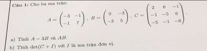 Cho ba ma trận:
A=beginpmatrix -3&-1 -1&7endpmatrix , B=beginpmatrix 0&-3 -3&5endpmatrix , C=beginpmatrix 2&6&-1 -1&-5&6 -5&-1&-6endpmatrix. 
a) Tính A-3B và AB.
b) Tính det (C+I) với / là ma trận đơn vị.