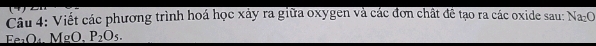 Viết các phương trình hoá học xảy ra giữa oxygen và các đơn chất đề tạo ra các oxide sau: Na_2O
Fe₁O₄. MgO, P_2O_5.