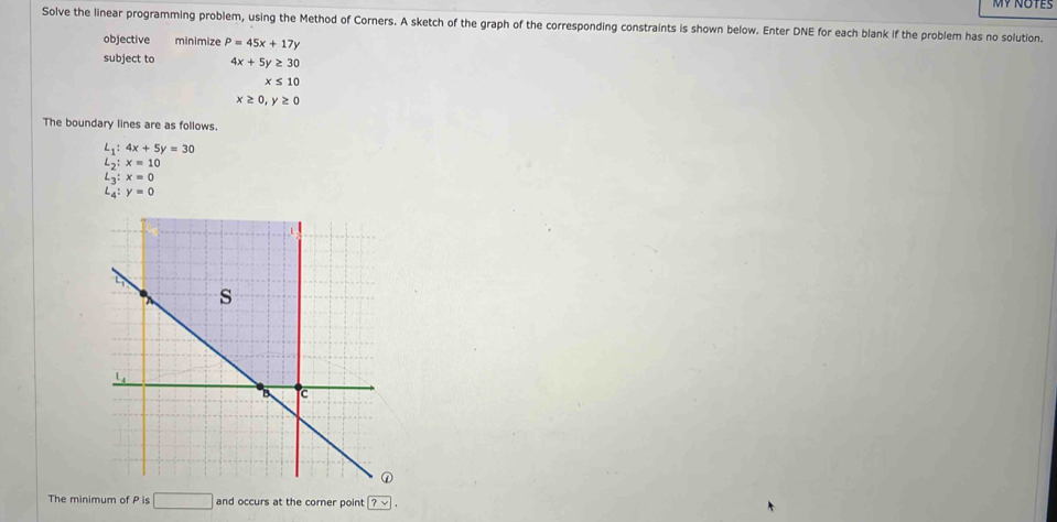 MYNOTES
Solve the linear programming problem, using the Method of Corners. A sketch of the graph of the corresponding constraints is shown below. Enter DNE for each blank if the problem has no solution.
objective minimize P=45x+17y
subject to 4x+5y≥ 30
x≤ 10
x≥ 0,y≥ 0
The boundary lines are as follows.
L_1:4x+5y=30
L_2:x=10
L_3:x=0
L_4:y=0
The minimum of P is □ and occurs at the corner point boxed ?lor 