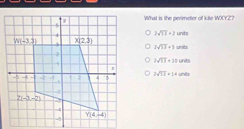 What is the perimeter of kite WXYZ?
2sqrt(53)+2 units
units
2sqrt(53)+5
2sqrt(53)+10 units
2sqrt(53)+14 units