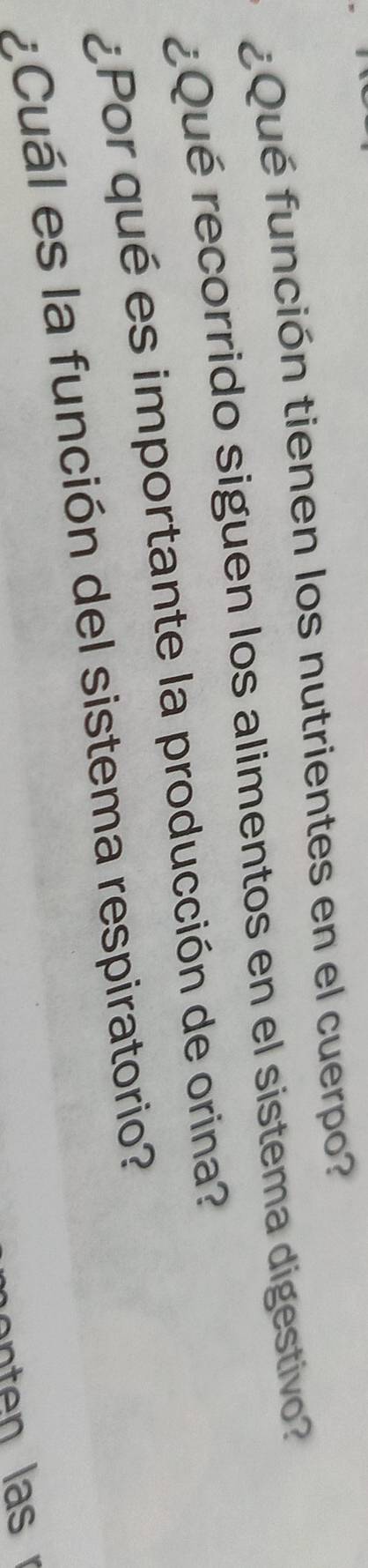 ¿ Qué función tienen los nutrientes en el cuerpo? 
¿Qué recorrido siguen los alimentos en el sistema digestivo? 
¿Por qué es importante la producción de orina? 
¿ Cuál es la función del sistema respiratorio?
