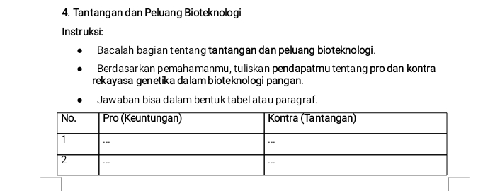 Tantangan dan Peluang Bioteknologi 
Instruksi: 
Bacalah bagian tentang tantangan dan peluang bioteknologi. 
Berdasarkan pemahamanmu, tuliskan pendapatmu tentang pro dan kontra 
rekayasa genetika dalam bioteknologi pangan. 
Jawaban bisa dalam bentuk tabel atau paragraf.