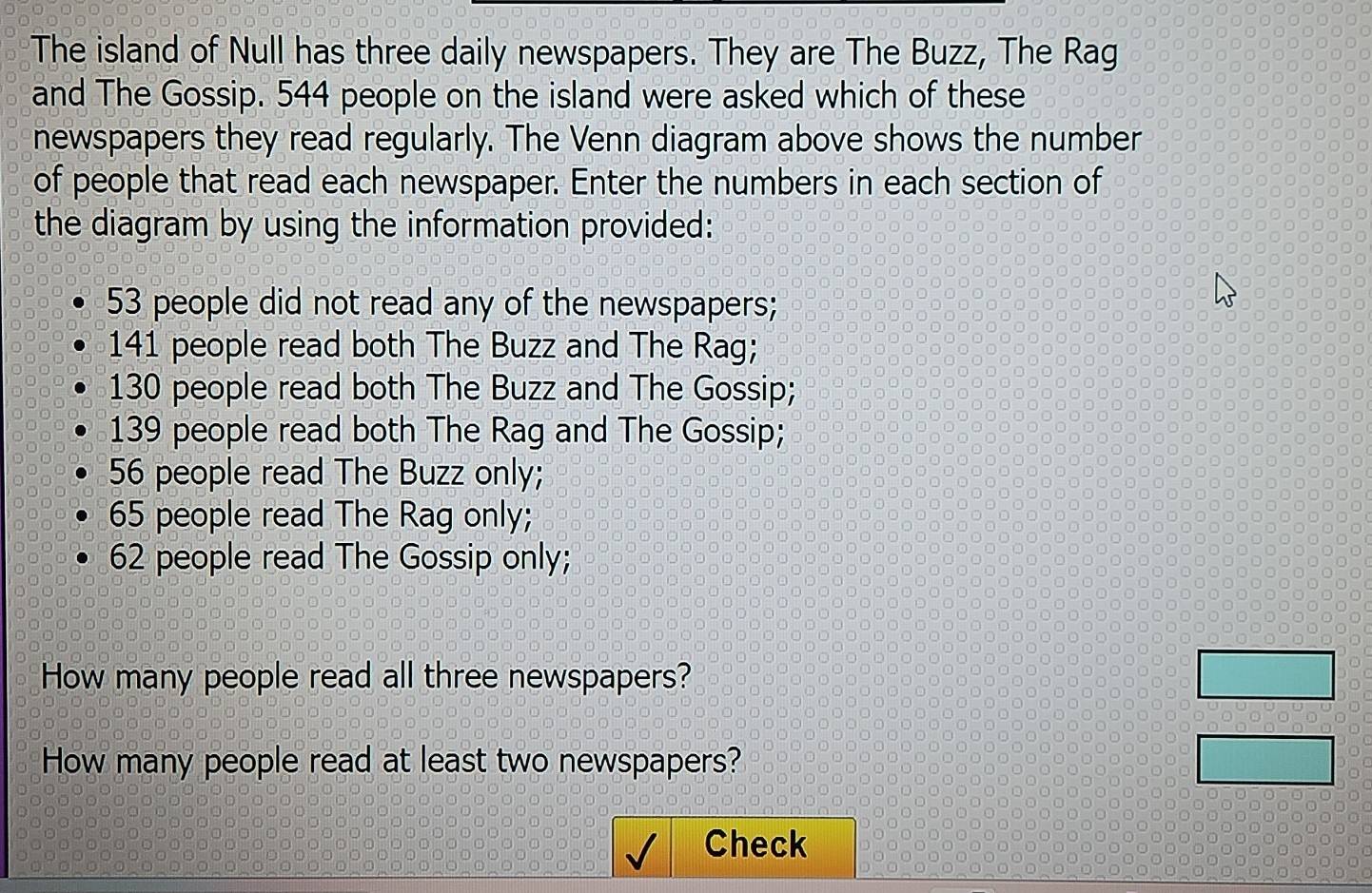 The island of Null has three daily newspapers. They are The Buzz, The Rag 
and The Gossip. 544 people on the island were asked which of these 
newspapers they read regularly. The Venn diagram above shows the number 
of people that read each newspaper. Enter the numbers in each section of 
the diagram by using the information provided:
53 people did not read any of the newspapers;
141 people read both The Buzz and The Rag;
130 people read both The Buzz and The Gossip;
139 people read both The Rag and The Gossip;
56 people read The Buzz only;
65 people read The Rag only;
62 people read The Gossip only; 
How many people read all three newspapers? 
How many people read at least two newspapers? 
Check