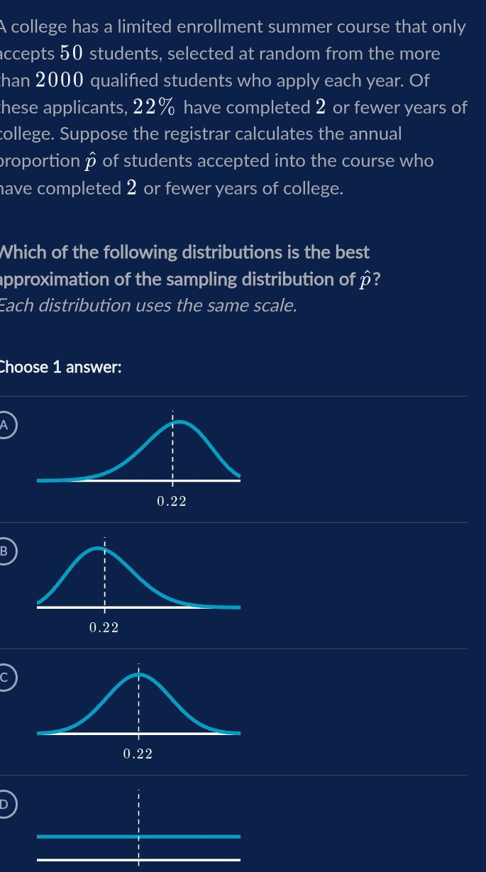 A college has a limited enrollment summer course that only
accepts 50 students, selected at random from the more
than 2000 qualified students who apply each year. Of
these applicants, 22% have completed 2 or fewer years of
college. Suppose the registrar calculates the annual
proportion p of students accepted into the course who
have completed 2 or fewer years of college.
Which of the following distributions is the best
approximation of the sampling distribution of p?
Each distribution uses the same scale.
Choose 1 answer:
a
B
D
