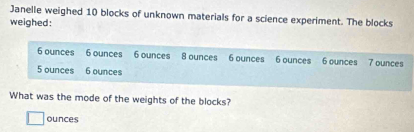 Janelle weighed 10 blocks of unknown materials for a science experiment. The blocks 
weighed:
6 ounces 6 ounces 6 ounces 8 ounces 6 ounces 6 ounces 6 ounces 7 ounces
5 ounces 6 ounces
What was the mode of the weights of the blocks?
□ ounces