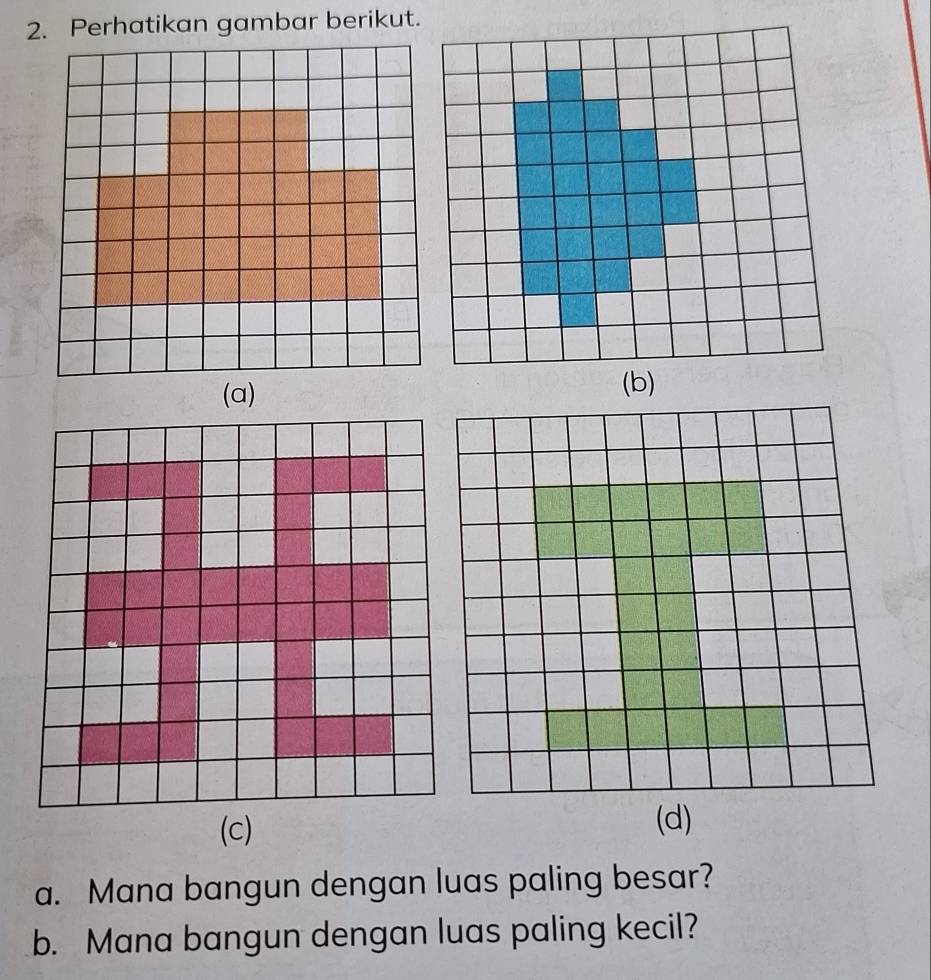 Perhatikan gambar berikut. 
(a) 
(b) 
(c) (d) 
a. Mana bangun dengan luas paling besar? 
b. Mana bangun dengan luas paling kecil?