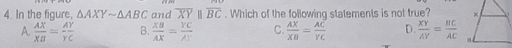In the figure, △ AXYsim △ ABC and overline XYparallel overline BC. Which of the following statements is not true?
D.
A.  AX/XB = AY/YC  B.  XB/AX = YC/AY  C.  AX/XB = AC/YC   XY/AY = BC/AC 
