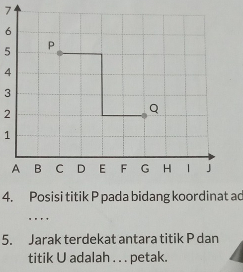 7
6
5
4
3
2
1
4. Posisi titik P pada bidang koordinat ad
… 
5. Jarak terdekat antara titik P dan 
titik U adalah . . . petak.