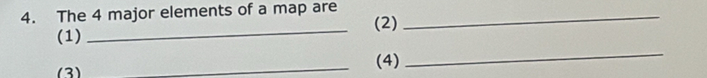 The 4 major elements of a map are_ 
(2) 
(1) 
_ 
(3) 
_(4) 
_