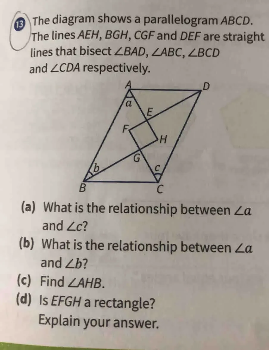 Solved: The diagram shows a parallelogram ABCD. The lines AEH, BGH, CGF ...