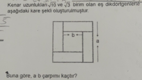 Kenar uzunlukları sqrt(10) ve sqrt(3) birim olan eş dikdörtgenlere 
aşağıdaki kare şekli oluşturulmuştur. 
Buna göre, a·b çarpımı kaçtır?