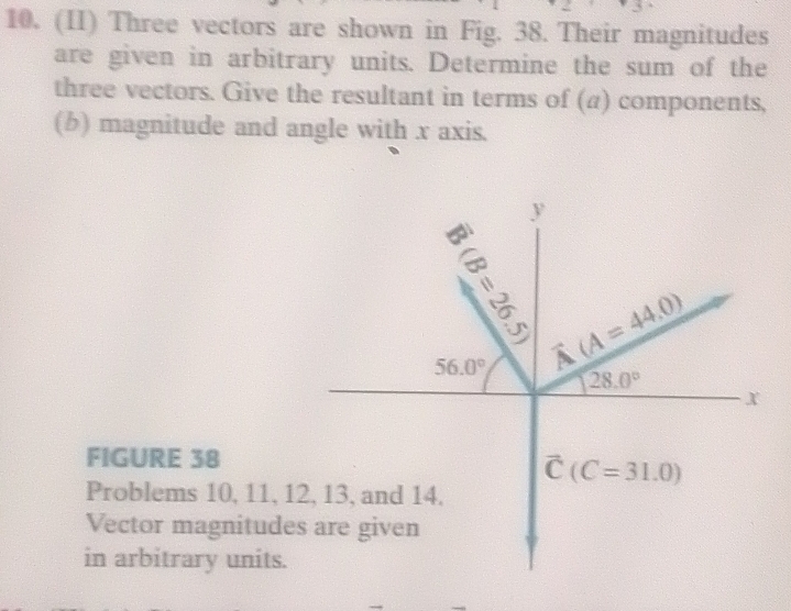 (II) Three vectors are shown in Fig. 38. Their magnitudes
are given in arbitrary units. Determine the sum of the
three vectors. Give the resultant in terms of (a) components,
(b) magnitude and angle with x axis.
FIGURE 38
Problems 10, 11, 12
Vector magnitudes
in arbitrary units.