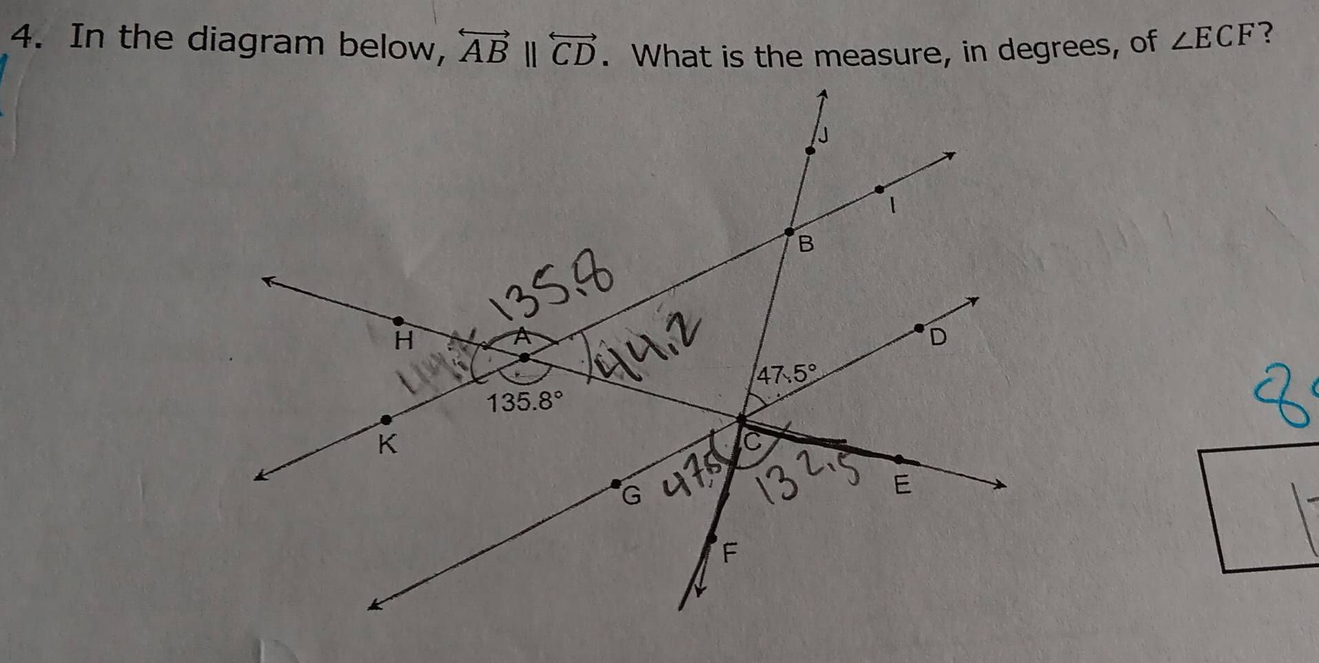 In the diagram below, overleftrightarrow ABparallel overleftrightarrow CD. What is the measure, in degrees, of ∠ ECF
?