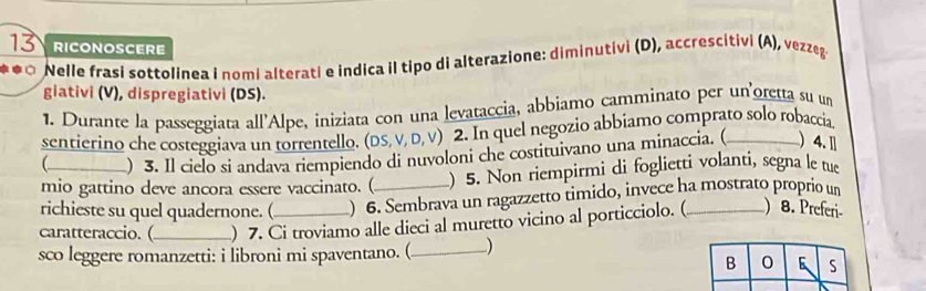 RICONOSCERE 
* Nelle frasi sottolinea i nomi alterati e indica il tipo di alterazione: diminutivi (D), accrescitivi (A), vezzeg 
giativi (V), dispregiativi (DS). 
1. Durante la passeggiata all'Alpe, iniziata con una levataccia, abbiamo camminato per un oretta su un 
sentierino che costeggiava un torrentello. (DS, V, D, V) 2. In quel negozio abbiamo comprato solo robaccia 
(_ ) 3. Il cielo si andava riempiendo di nuvoloni che costituivano una minaccia. ( ) 4. l 
mio gattino deve ancora essere vaccinato. ( ) 5. Non riempirmi di foglietti volanti, segna le tue 
richieste su quel quadernone. ( ) 6. Sembrava un ragazzetto timido, invece ha mostrato proprio un 
caratteraccio. (_ ) 7. Ci troviamo alle dieci al muretto vicino al porticciolo. (_ ) 8. Preferi 
sco leggere romanzetti: i libroni mi spaventano. (_