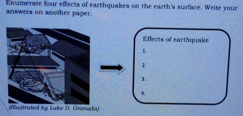 Enumerate four effects of earthquakes on the earth's surface. Write your 
answers on another paper. 
Effects of earthquake 
1. 
2. 
3. 
4. 
(Illustrated by Luke D. Granada)