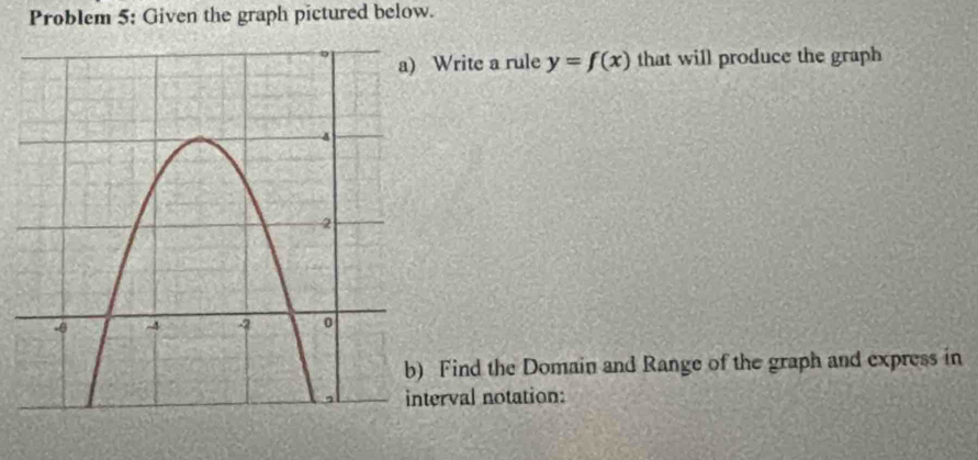 Problem 5: Given the graph pictured below. 
Write a rule y=f(x) that will produce the graph 
Find the Domain and Range of the graph and express in 
erval notation: