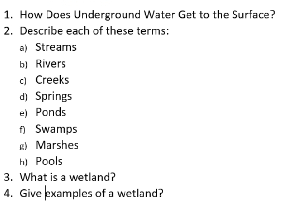 How Does Underground Water Get to the Surface?
2. Describe each of these terms:
a) Streams
b) Rivers
c) Creeks
d) Springs
e) Ponds
f) Swamps
g) Marshes
h) Pools
3. What is a wetland?
4. Give examples of a wetland?