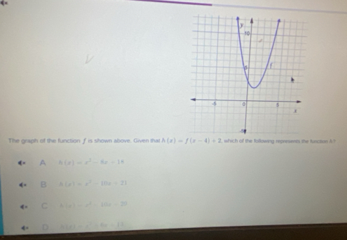 The graph of the function f is shown above. Given that h(x)=f(x-4)+2 , which of the following represents the function h ?
A h(x)=x^2-8x+18
B h(e)=e^2-10e+21
C h(e)=e^2-10e-20
h(e)=e^2△ ex+12