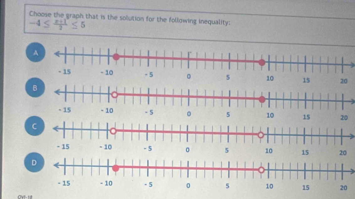 Choose the graph that is the solution for the following inequality:
-4≤  (x+1)/2 ≤ 5
A 
C 
D 
OVI-18