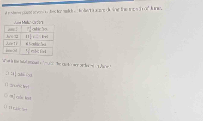 A customer placed several orders for mulch at Robert's store during the month of June.
What is the total amount of mulch the customer ordered in June?
24 3/4  cubic feet
29 cubic feet
30  T/4  cubic teet
31 cubic feet