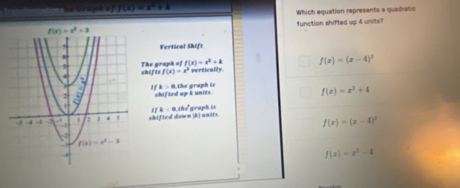 Graph of f(x)=x^2+k
Which equation represents a quadratic
function shifted up 4 units?
Vertical Shift
The graph of f(x)=x^2+k
f(x)=(x-4)^2
shifts f(x)=x^2 vertically.
If k>0 the graph is
shifted up k units.
f(x)=x^2+4
If k<0,the^t graph is
shifted down |k| units.
f(x)=(x-4)^2
f(x)=x^2-4