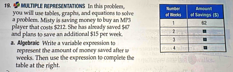 MULTIPLE REPRESENTATIONS In this problem, 
you will use tables, graphs, and equations to solve 
a problem. Misty is saving money to buy an MP3 
player that costs $212. She has already saved $47
and plans to save an additional $15 per week. 
a. Algebraic Write a variable expression to 
represent the amount of money saved after w
weeks. Then use the expression to complete the 
table at the right.