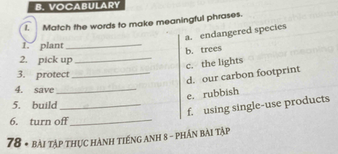 VOCABULARY 
1. Match the words to make meaningful phrases. 
a. endangered species 
1. plant_ 
b. trees 
2. pick up_ 
c. the lights 
3. protect_ 
d. our carbon footprint 
4. save_ 
e. rubbish 
5. build_ 
f. using single-use products 
6. turn off_ 
78 * bài tập thực hành tiếng Anh 8 - phần bài tập