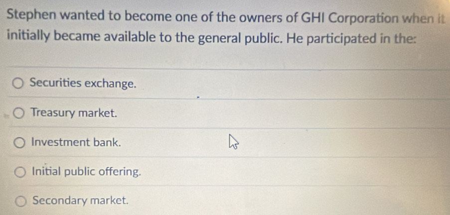 Stephen wanted to become one of the owners of GHI Corporation when it
initially became available to the general public. He participated in the:
Securities exchange.
Treasury market.
Investment bank.
Initial public offering.
Secondary market.