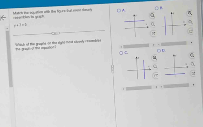 Match the equation with the figure that most closely A. B.
resembles its graph.
y+7=0
Which of the graphs on the right most closely resembles
the graph of the equation?
C.
D.