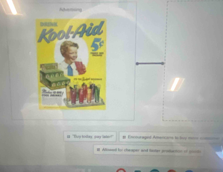 Adverosing 
# "Buy today, pay later!” :: Encouraged Americans to buy mor consome 
:: Allowed for cheaper and faster production of goods