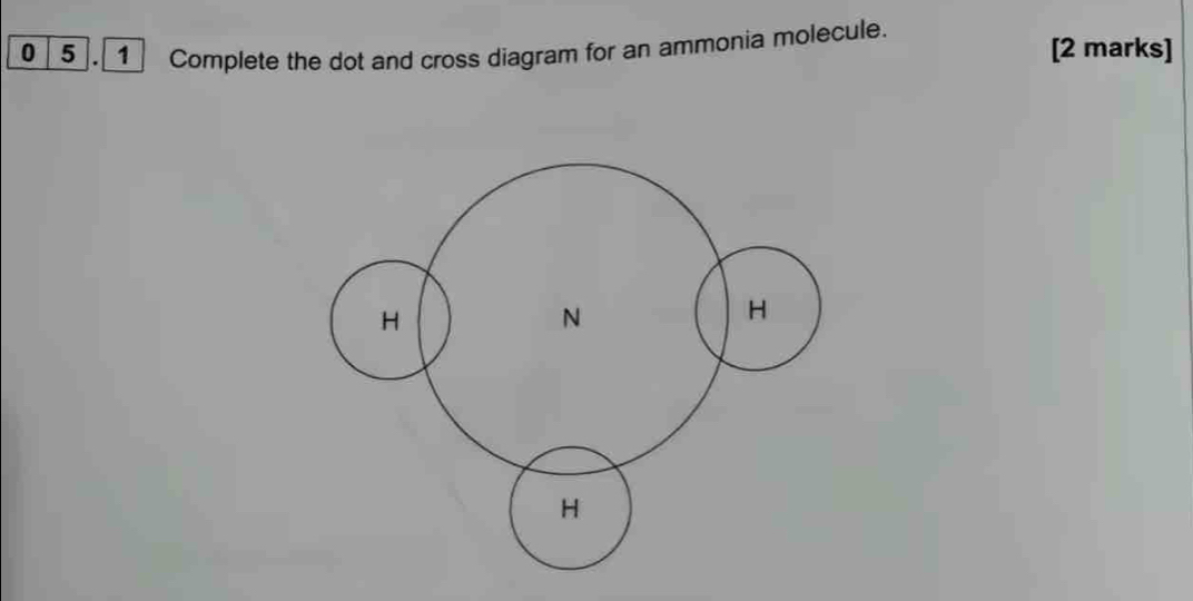 0 5 . 1 Complete the dot and cross diagram for an ammonia molecule. [2 marks]
H
N
H
H