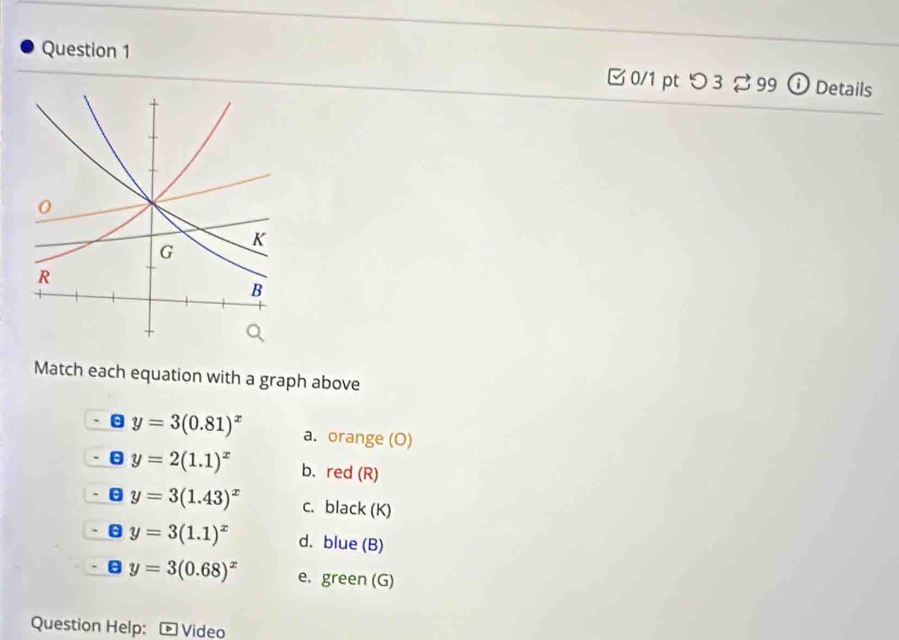 つ 3 99 ⓘ Details
Match each equation with a graph above
y=3(0.81)^x a. orange (O)
y=2(1.1)^x b. red (R)
e y=3(1.43)^x c. black (K)
e y=3(1.1)^x d. blue (B)
□ y=3(0.68)^x e. green (G)
Question Help: * Video