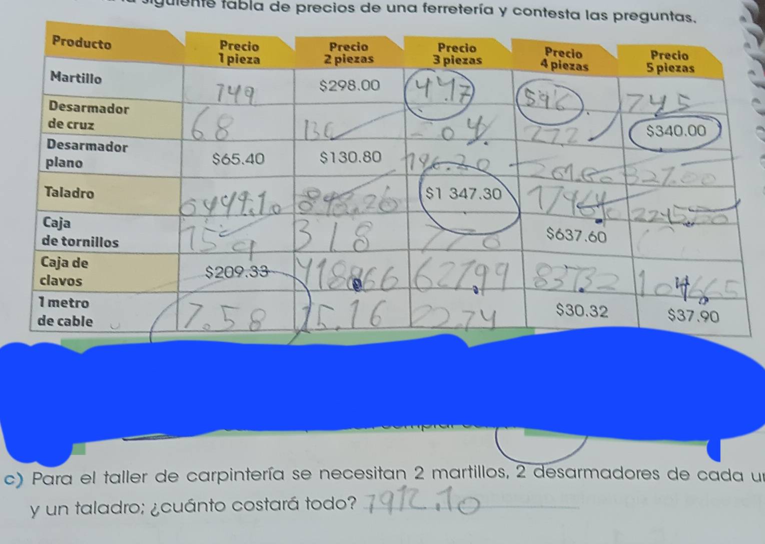 guiente tabla de precios de una ferretería y contesta las preguntas. 
c) Para el taller de carpintería se necesitan 2 martillos, 2 desarmadores de cada un 
y un taladro; ¿cuánto costará todo?_