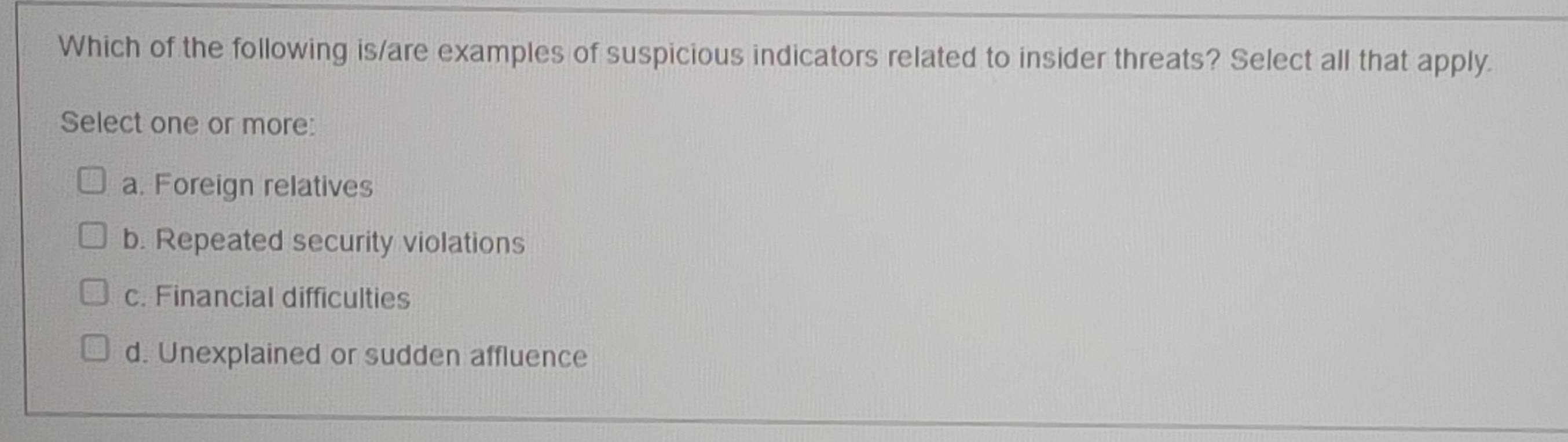 Solved: Which of the following is/are examples of suspicious indicators ...