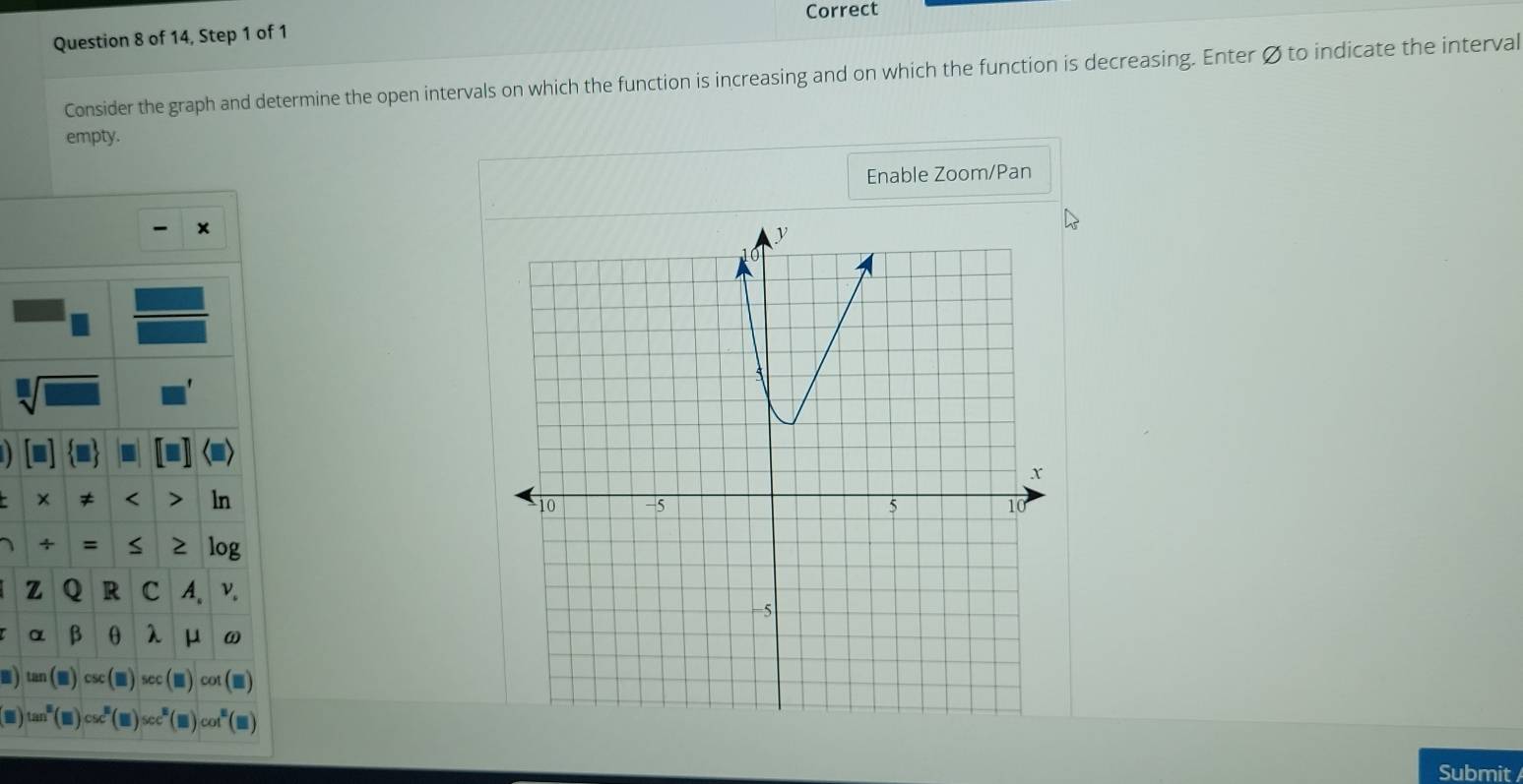 Correct 
Question 8 of 14, Step 1 of 1 
Consider the graph and determine the open intervals on which the function is increasing and on which the function is decreasing. Enter Ø to indicate the interval 
empty. 
Enable Zoom/Pan 
× ≠ < > ln 
= S 2 log 
z Q R c A. ν.
α β θ 2 μ ω
■) tan ()
CsC cot
csc 
Submit