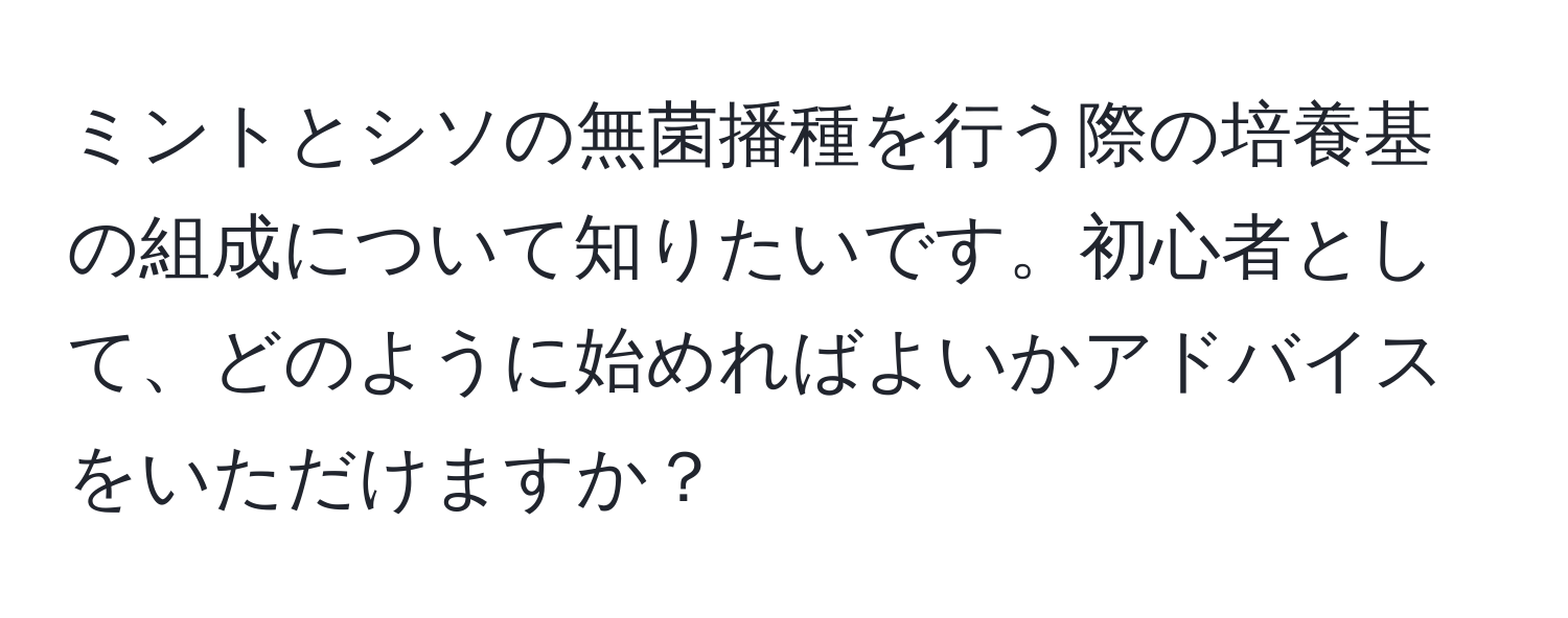 ミントとシソの無菌播種を行う際の培養基の組成について知りたいです。初心者として、どのように始めればよいかアドバイスをいただけますか？