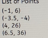 List of Points
(-1,6)
(-3.5,-4)
(4,26)
(6.5,36)