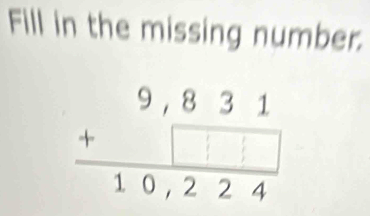 Fill in the missing number.
beginarrayr 9,831 +□  +□  hline 10,224endarray