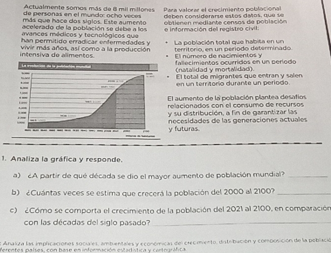 Actualmente somos más de 8 mil millones
de personas en el mundo: ocho vecés Para valorar el crecimiento poblacional
más que hace dos siglos. Este aumento debén considerarse estos datos, que se
acelerado de la población se debe a los obtienen mediante censos de población
avances médicos y tecnológicos que e información del registro civil:
han permitido erradicar enfermedades y
vivir más años, así como a la producción La población total que habita en un
territorio, en un periodo determinado.
intensiva de alimentos. El número de nacimientos y
allecimientos ocurridos en un período
natalidad y mortalidad).
El total de migrantes que entran y salen
en un territorio durante un periodo.
umento de la población plantea desafíos
acionados con el consumo de recursos
u distribución, a fin de garantizar las
cesidades de las generaciones actuales
uturas.
1. Analiza la gráfica y responde.
a) ¿A partir de qué década se dio el mayor aumento de población mundial?_
b) ¿Cuántas veces se estima que crecerá la población del 2000 al 2100?_
c) ¿Cómo se comporta el crecimiento de la población del 2021 al 2100, en comparación
con las décadas del siglo pasado?_
Analiza las implicaciónes sociales, ambientales y económicas del crecimiento, distribución y composición de la población
ferentes países, con base en información estadística y cartográfica