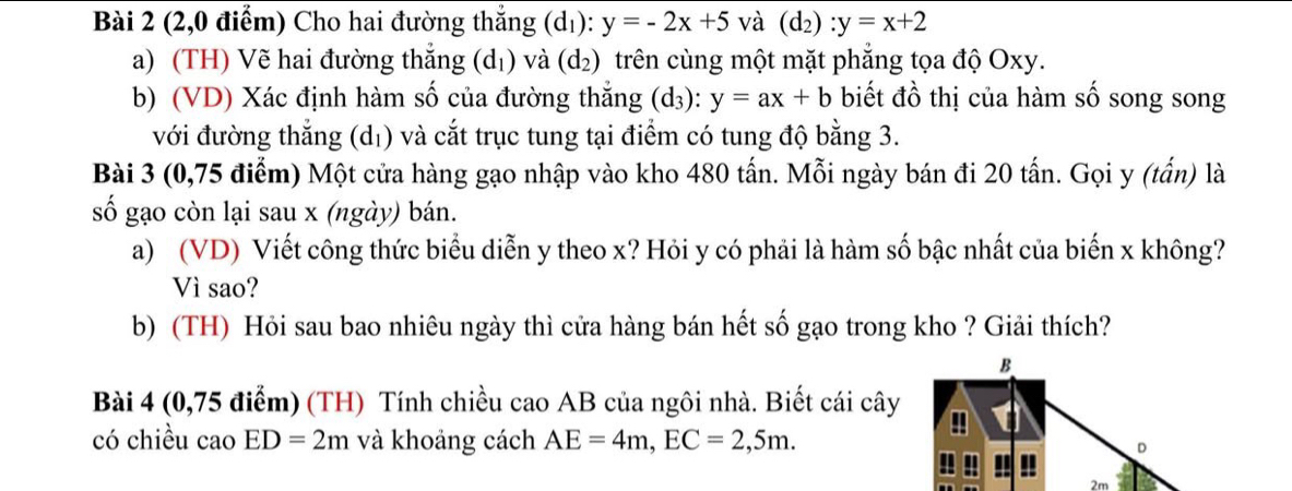 (2,0 điểm) Cho hai đường thẳng (d₁): y=-2x+5 và (d_2):y=x+2
a) (TH) Vẽ hai đường thẳng (d_1) và (c d2) trên cùng một mặt phẳng tọa độ Oxy. 
b) (VD) Xác định hàm số của đường thắng (d_3) : y=ax+b biết đồ thị của hàm số song song 
với đường thắng (d₁) và cắt trục tung tại điểm có tung độ bằng 3. 
Bài 3 (0,75 điểm) Một cửa hàng gạo nhập vào kho 480 tấn. Mỗi ngày bán đi 20 tấn. Gọi y (tấn) là 
số gạo còn lại sau x (ngày) bán. 
a) (VD) Viết công thức biểu diễn y theo x? Hỏi y có phải là hàm số bậc nhất của biến x không? 
Vì sao? 
b) (TH) Hỏi sau bao nhiêu ngày thì cửa hàng bán hết số gạo trong kho ? Giải thích? 
Bài 4 (0,75 điểm) (TH) Tính chiều cao AB của ngôi nhà. Biết cái cây 
có chiều cao ED=2m và khoảng cách AE=4m, EC=2,5m.