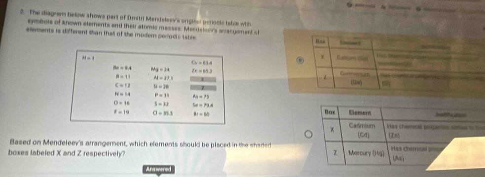 The diagram below shows part of Dmitri Mendelsev's original periodic table with
symbels of known elements and their atornic masses. Mendelesv's arrangement of
elements is different than that of the modern periodic table 
 
 
m
Based on Mendeleev's arrangement, which elements should be placed in the shaded
boxes labeled X and Z respectively? 
Answered