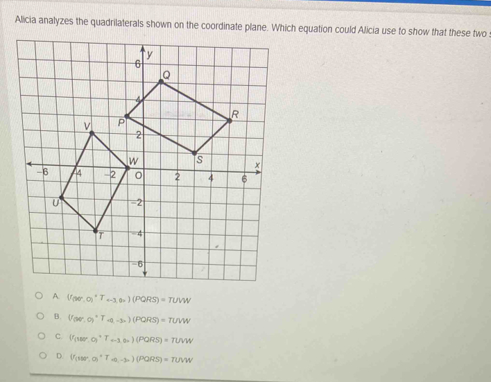 Alicia analyzes the quadrilaterals shown on the coordinate plane. Which equation could Alicia use to show that these two:
A. (f_(90°,0)^circ T_ (PQRS)=TUVW
B. (F90°,0)^circ T_<0,-3>(PQRS)=TUVW
C. (f_(180°,0)^circ T_
D. (f_(180°,0)^circ T_<0,-3)(PQRS)=TUVW